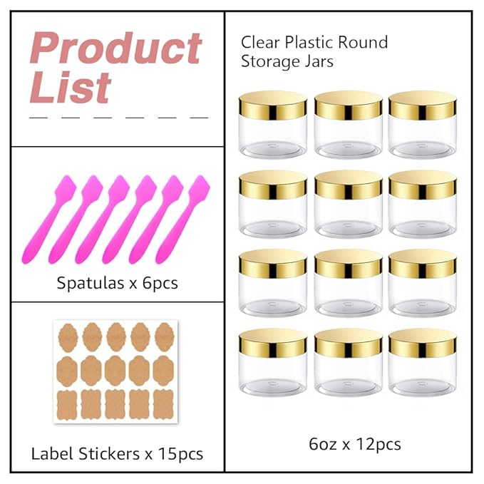 12 Pack 6 oz Plastic Cosmetic Containers With Silver Lids Refillable Clear Empty Travle Jars Containers for Body Butter,Sugar Scrubs,Cream,Lotions,Candy, Label&Spatulas