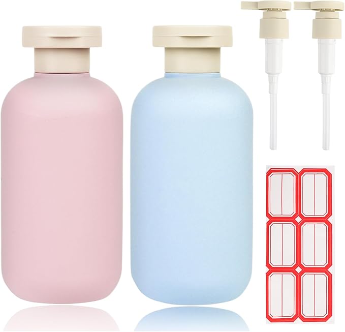 ShanySheny 6.8oz Refillable Shampoo and Conditioner Bottles, 2PCS Squeezable Travel Shampoo Bottles with Flip Cap and 2PCS Pump Dispenser and Labels
