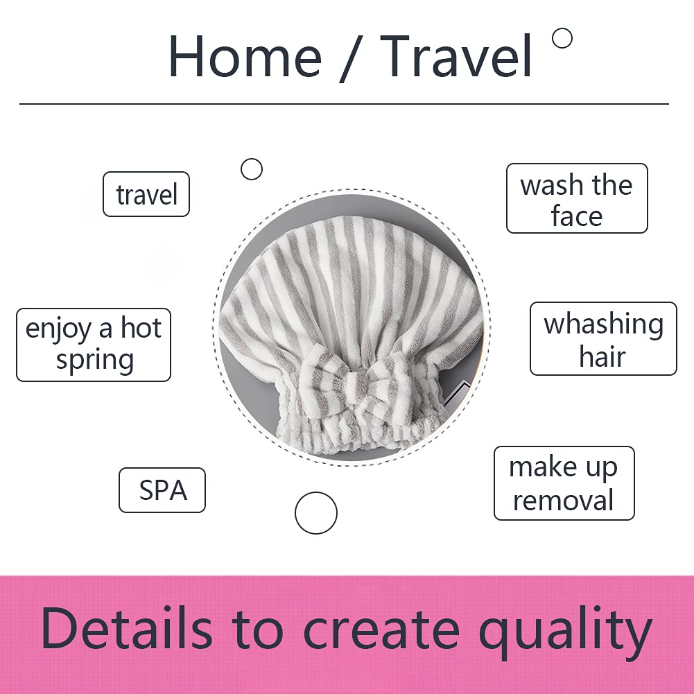 SportMore Microfiber Hair Towel Cap,Soft Absorbent Quick Drying Cap for Curly Thick Hair, Wrap Cap with Hair Brush for Women Girls (Pink&Gray White, 2)