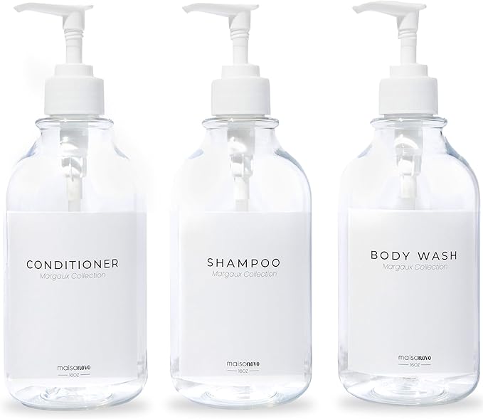 Shampoo and Conditioner Bottles Set of 3 Clear – Shower Shampoo Dispenser – Hotel Style Bathroom Upgrade by MaisoNovo