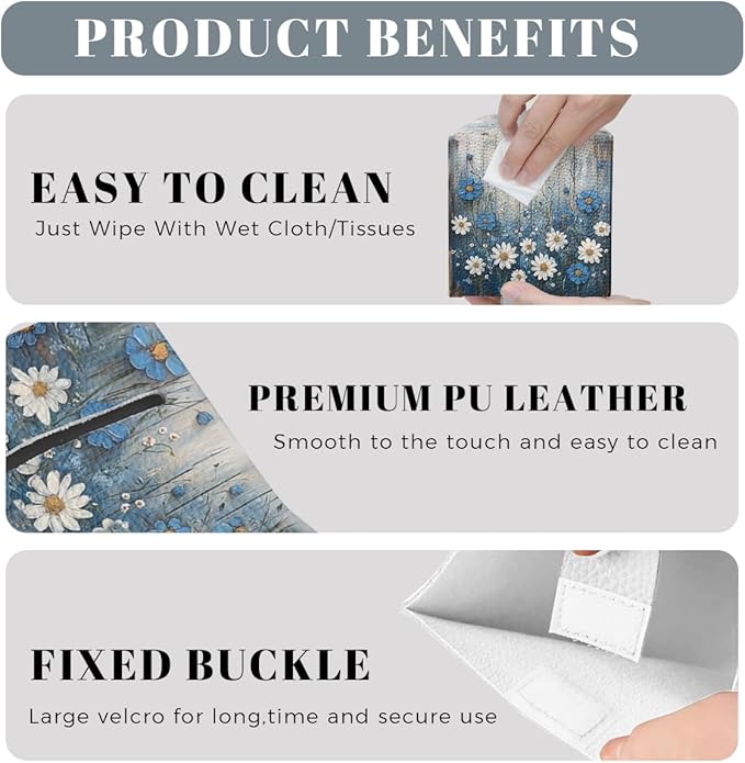 White Flowers Daisy Tissue Box Cover Rustic Floral Wooden Country Leather Tissue Box Holder Square Facial Paper Organizer Dispenser for Car Bathroom Bedroom Office Tabletop Decor
