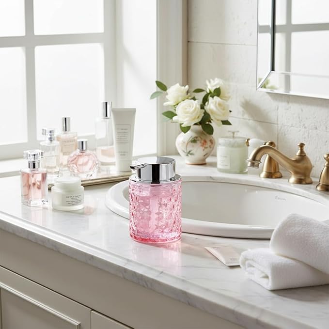 Fvstar 10 Oz Glass Hand Soap Dispenser with Pump, Refillable Bathroom Gold Foaming Soap Dispenser, Vintage Glass Diamond Lotion Container Bottle for Bathroom and Kitchen (1, Pink and Silver)