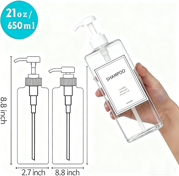 Modern Shampoo and Conditioner Dispenser (21 oz, Pack of 3) Refillable Pump Bottle Set Empty Shower Plastic Bottles with Pump for Bathroom Body Wash Soap and Shower (Clear)