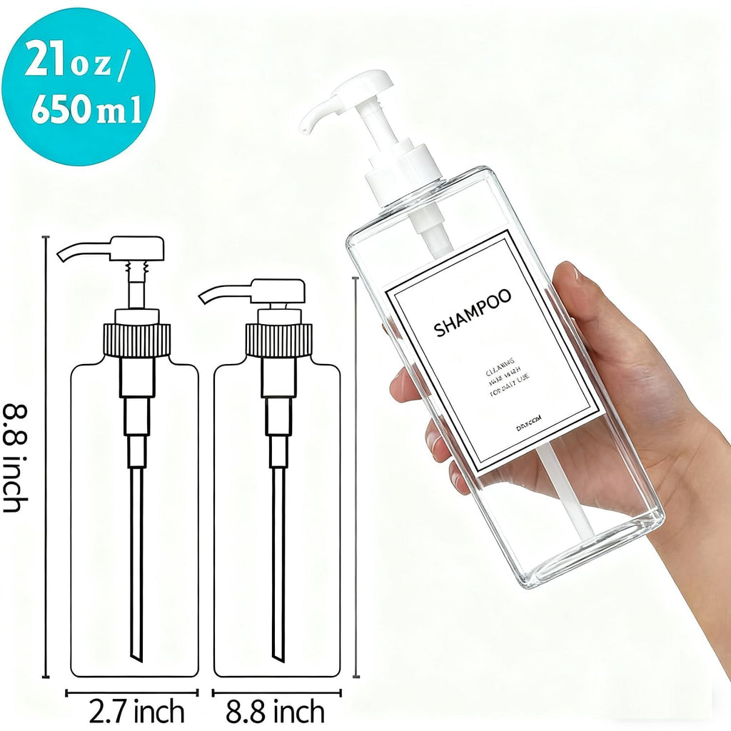 Modern Shampoo and Conditioner Dispenser (21 oz, Pack of 3) Refillable Pump Bottle Set Empty Shower Plastic Bottles with Pump for Bathroom Body Wash Soap and Shower (Clear)
