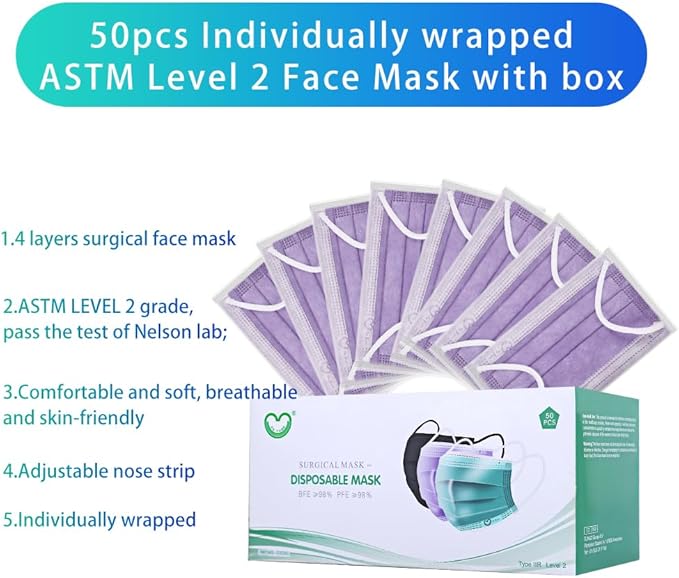 Disposable Face Masks for Adults,Premium 4ply Level2 Masks,MasksDisposable,Individually Wrapped Pack 50(Purple)