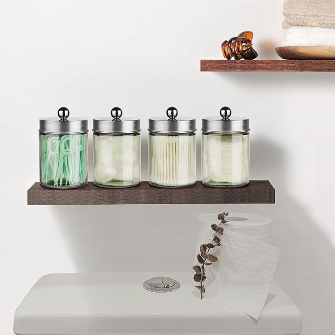 Amolliar Sage Green Glass Apothecary Jar, Qtip Holder Metal Lid & Sticker, Bathroom Qtip Dispenser Storage Canister, Perfect for Cotton Balls, Swabs, Round Pads, Bath Salt, Floss,Brushed Nickel 1 Pack