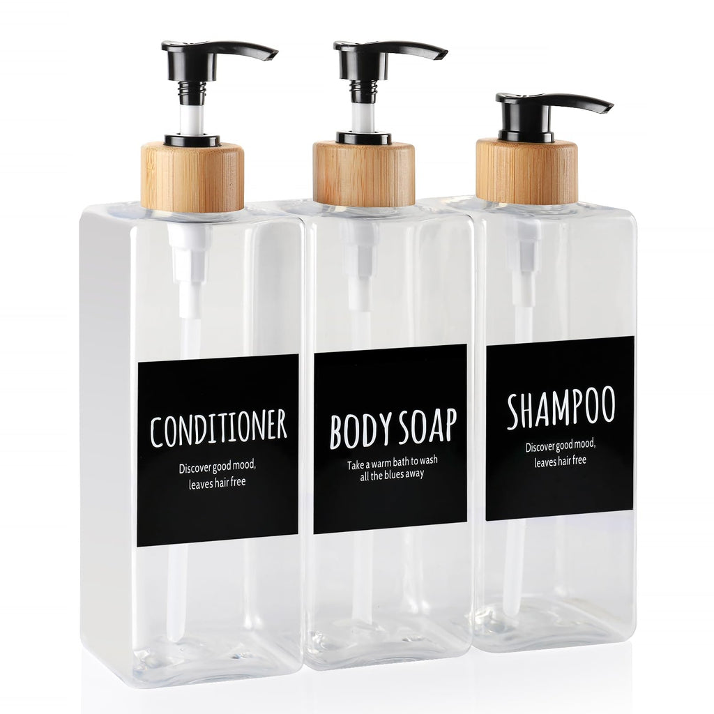 Shampoo and Conditioner Dispenser, Set of 3 16.9oz Refillable Shower Bottles Soap Dispenser with Waterproof Labels, Empty Plastic Bamboo Pump Body Wash Dispenser Set for Bathroom Hotel Tawny