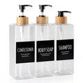 Shampoo and Conditioner Dispenser, Set of 3 16.9oz Refillable Shower Bottles Soap Dispenser with Waterproof Labels, Empty Plastic Bamboo Pump Body Wash Dispenser Set for Bathroom Hotel Tawny