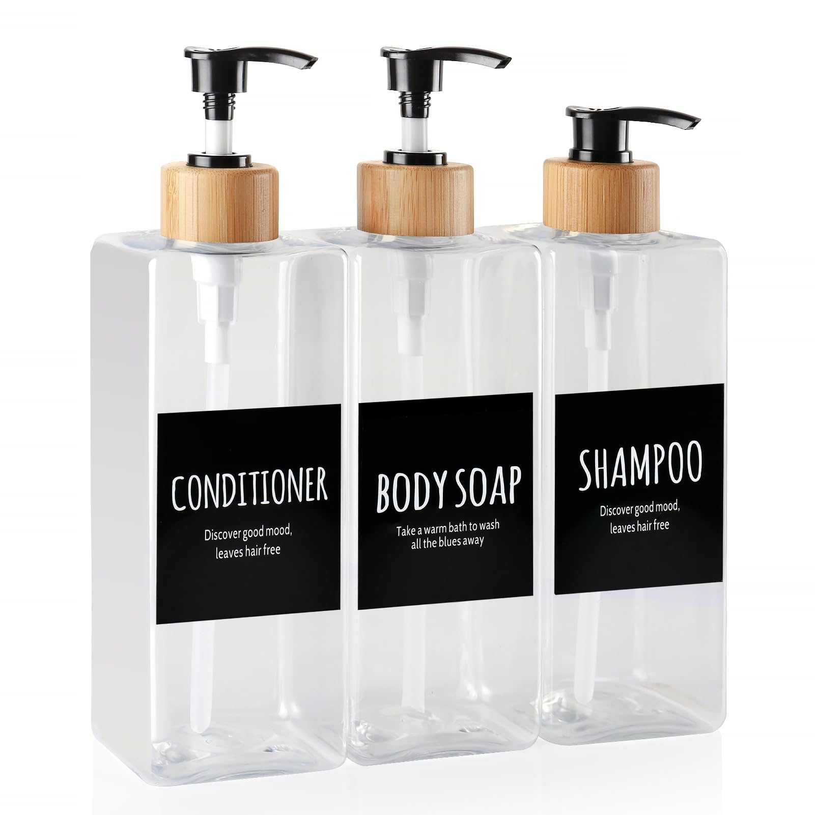 Shampoo and Conditioner Dispenser, Set of 3 16.9oz Refillable Shower Bottles Soap Dispenser with Waterproof Labels, Empty Plastic Bamboo Pump Body Wash Dispenser Set for Bathroom Hotel Tawny