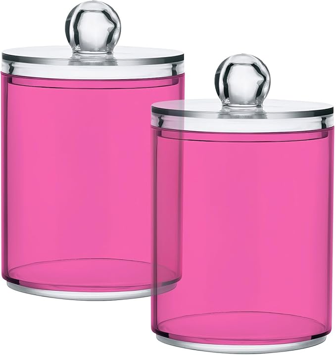 Hot Pink Qtip Holder Organizer Dispenser Cotton Swabs Cans Plastic Jars with Lid Set 2 Pack Bathroom Storage Canister for Cotton Ball Floss Cotton Pads