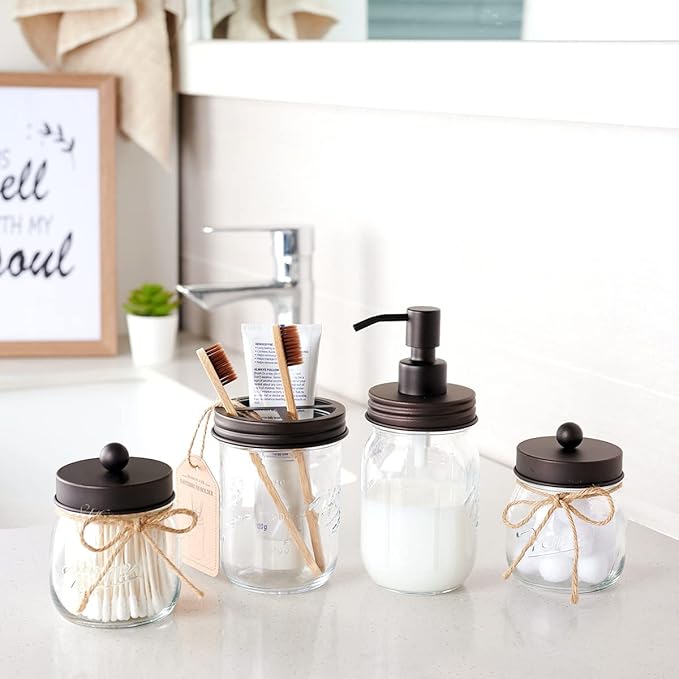 Amolliar Mason Jar Bathroom Vanity Organizer - Rustic Farmhouse Decor Bronze Bathroom Accessories -- Qtip Dispenser Holder Canister Glass for Q-tips,Cotton Swabs,Rounds,Ball,Flossers / Bronze,2-Pack