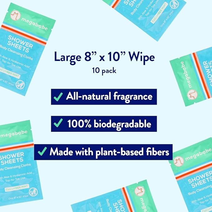 Megababe Cucumber Mint Shower Sheets, Oversized Wipes, 10 Wipes (Pack of 1)