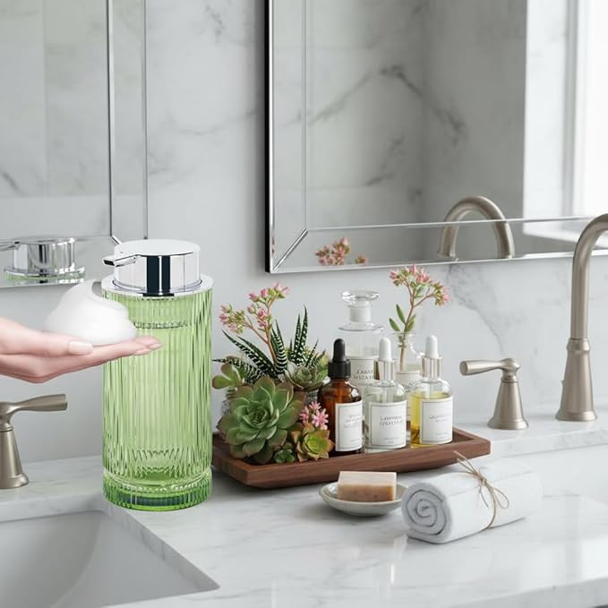Tonxus 14 Oz Foaming Soap Dispenser, Green Glass Soap Dispenser, Refillable Foam Pump Bottle Lotion Container with Silver Pump, Decorative Slim Ribbed Bottle for Bathroom and Kitchen Decor