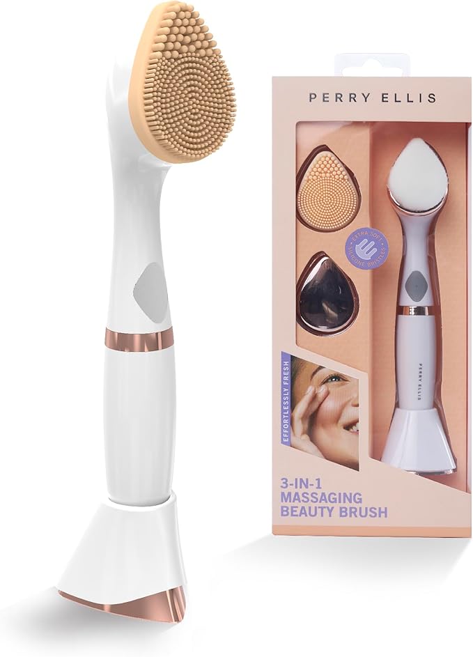 Perry Ellis 3-in-1 Silicone Face Wash Brush with Makeup Applicator & Metallic Massage Plate, Electric Vibrating Facial Cleanser, IPX6 Water-Resistant Skin Care Tool with Stand
