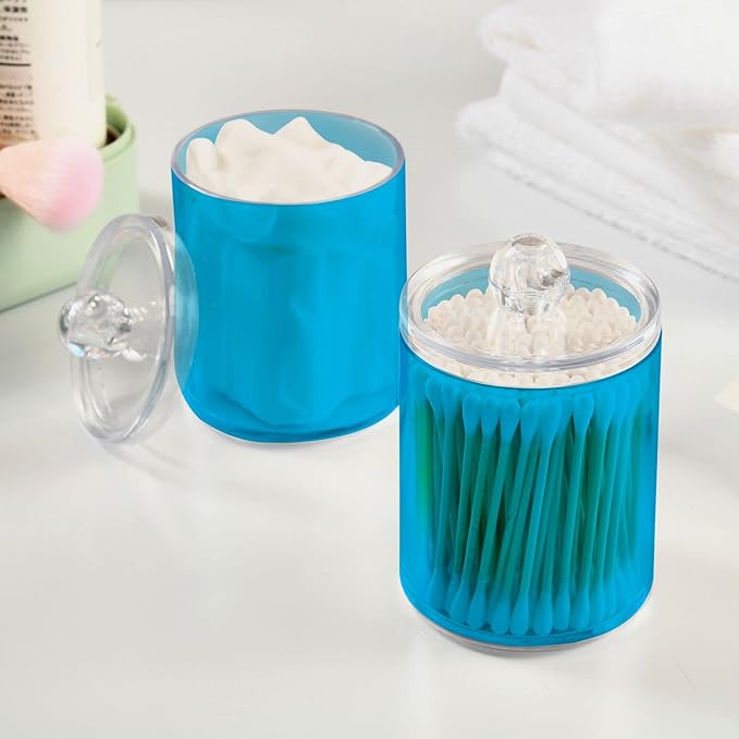 Sky Blue Qtip Holder Organizer Dispenser Cotton Swabs Cans Plastic Jars with Lid Set 4 Pack Bathroom Storage Canister for Cotton Ball Floss Cotton Pads
