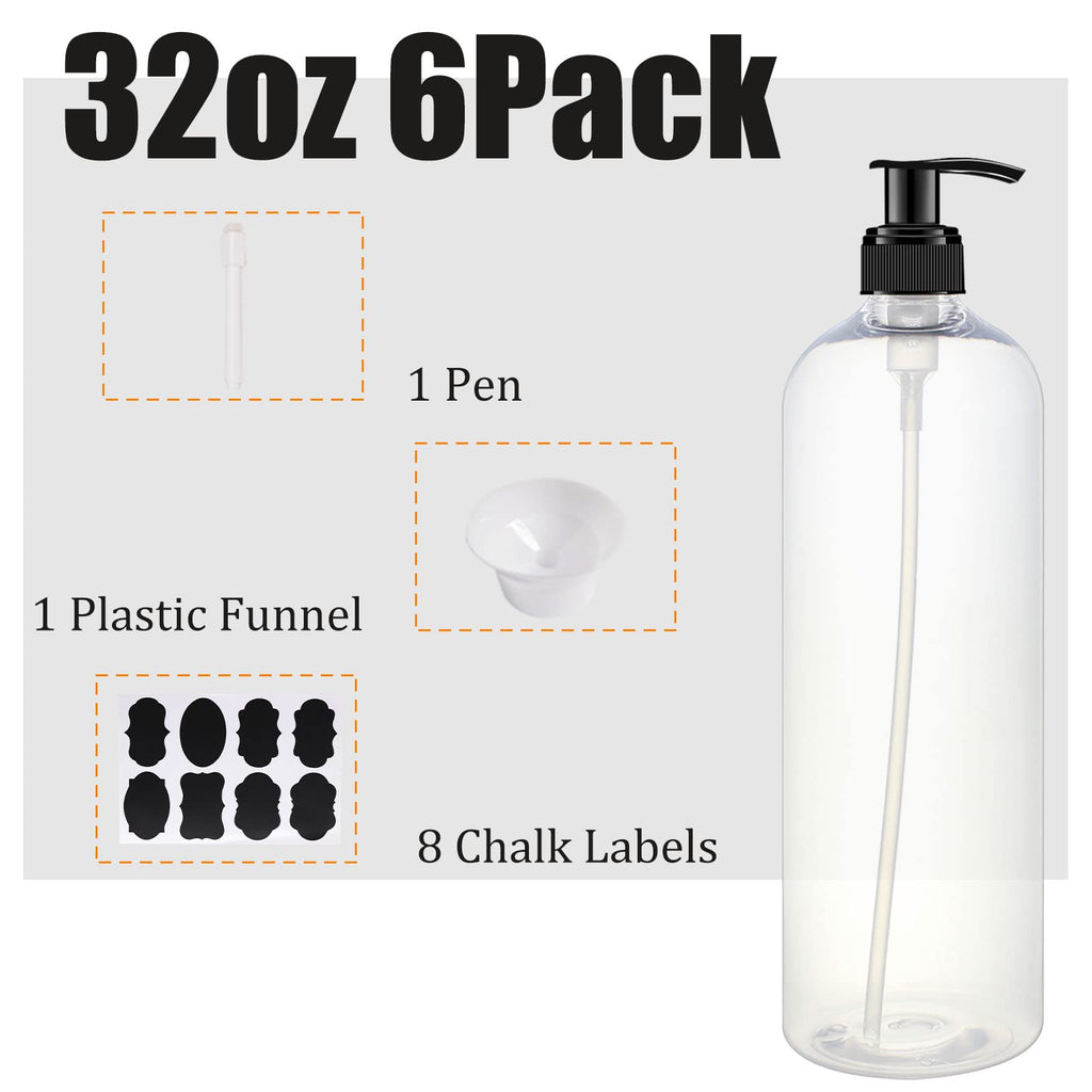 BPFY 6 Pack 32 oz Shampoo and Conditioner Dispenser Bottles with Pump for Conditioner, Soap, Lotions, 32 oz Empty Plastic Pump Bottle Dispenser with Labels Funnel, Chalk,Pen