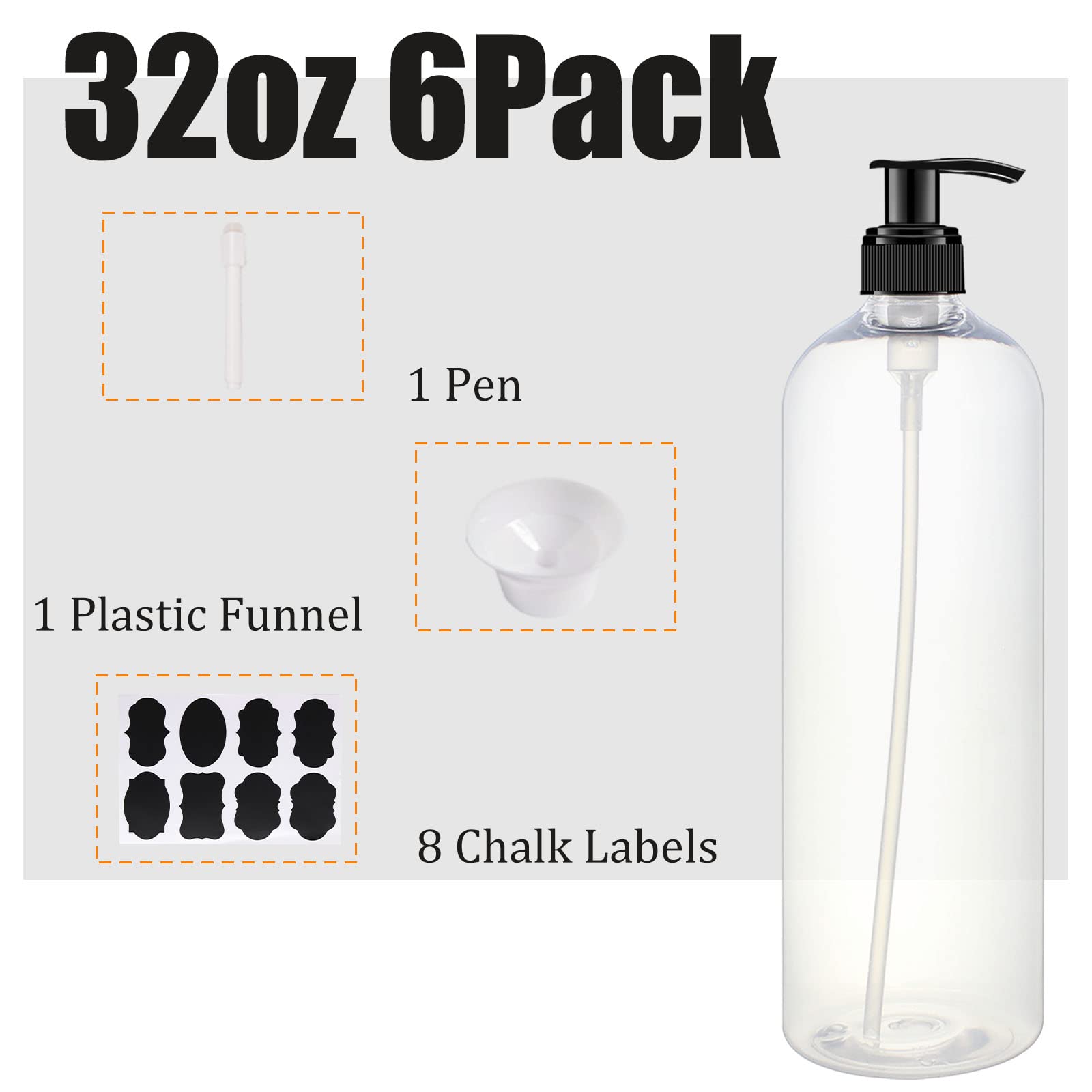 BPFY 6 Pack 32 oz Shampoo and Conditioner Dispenser Bottles with Pump for Conditioner, Soap, Lotions, 32 oz Empty Plastic Pump Bottle Dispenser with Labels Funnel, Chalk,Pen