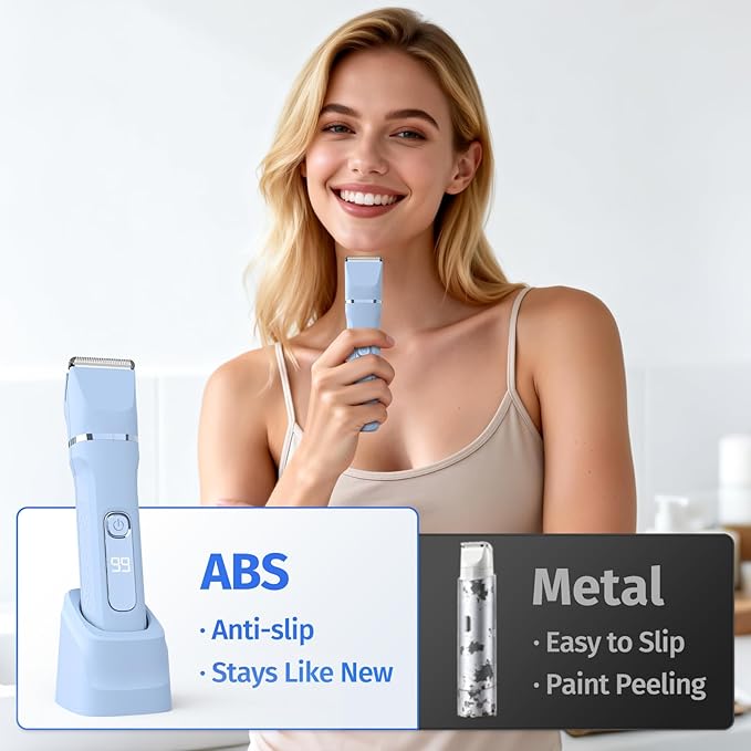 Bikini Trimmer for Women,5-in-1 Electric Razors for Women,IPX7 Waterproof Trimmer with 5 Replaceable Blade Heads（Blue）