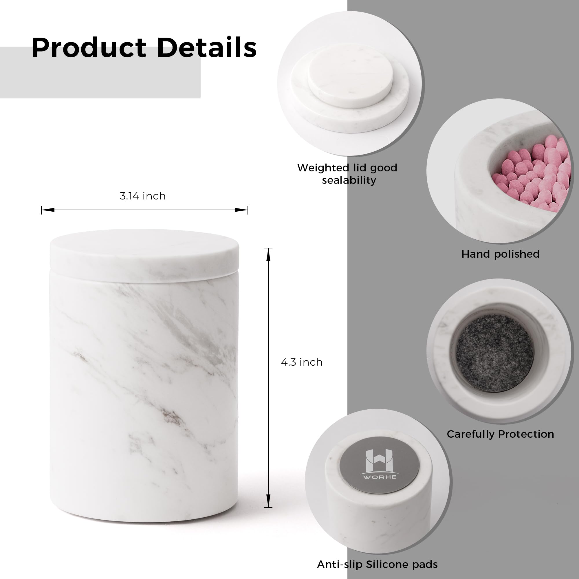 WORHE Marble Canister with Lid Natural Qtip Holder for Cotton Swabs, Balls, Pads, Floss Picks, Bath Salts - Vanity Makeup Storage Organizer Bathroom Essentials Accessories Decor White (DL011)