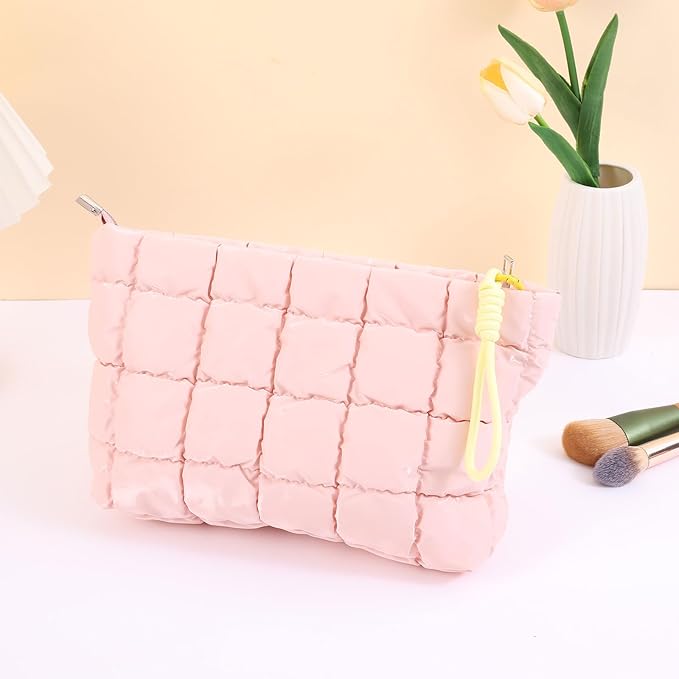 Beayuva Puffer Quilted Makeup Bag Travel Cosmetic Bag Portable Puffy Checkered Toiletry Pouch Skincare Organizer Purse Pencil Case (Pink)
