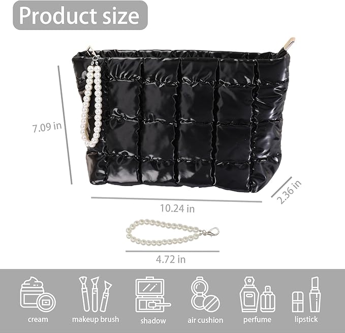 Beayuva Puffer Quilted Makeup Bag Travel Cosmetic Bag Portable Puffy Checkered Toiletry Pouch Skincare Organizer Purse Pencil Case (Black)