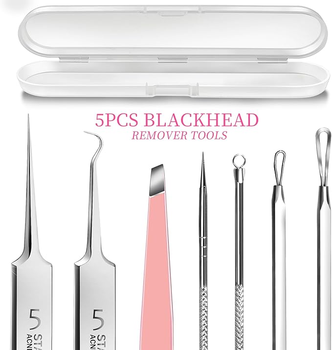 Teenitor Blackhead Remover and Pimple Popper Tool Kit, 2 Blackhead Extractor, 1 Ingrown Hair Tweezers, 2 Pimple Extractor Pore Extractor Blackhead Remover Tool Acne Tools for Face