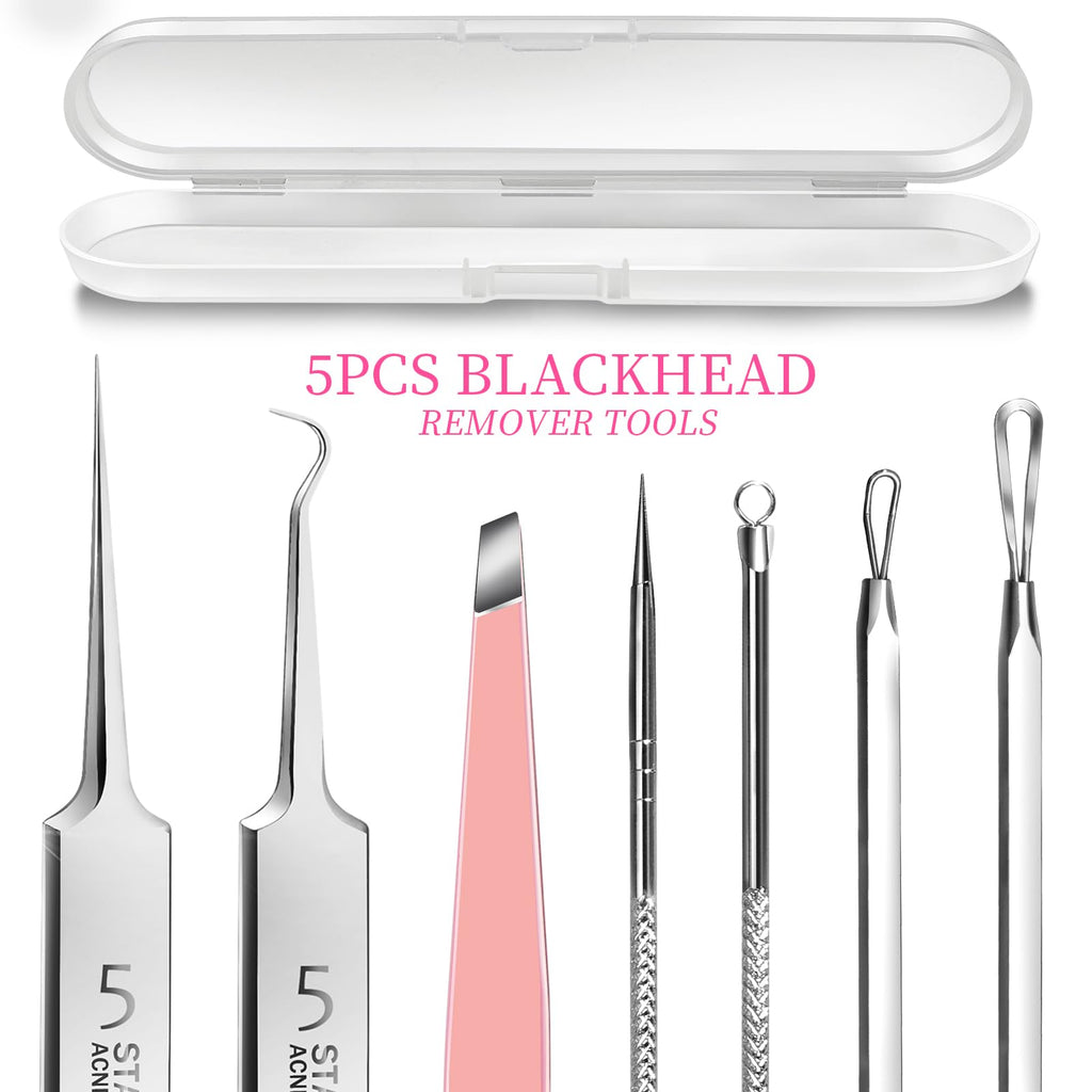 Teenitor Blackhead Remover and Pimple Popper Tool Kit, 2 Blackhead Extractor, 1 Ingrown Hair Tweezers, 2 Pimple Extractor Pore Extractor Blackhead Remover Tool Acne Tools