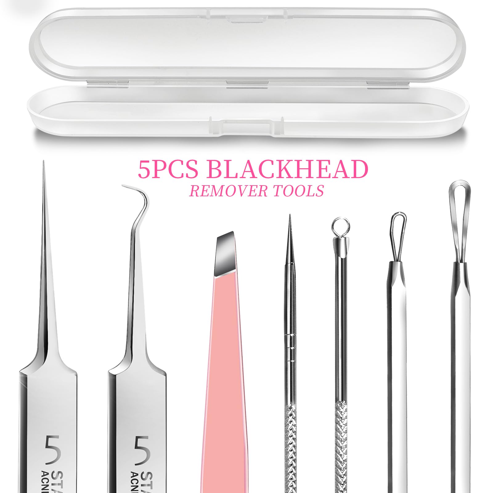 Teenitor Blackhead Remover and Pimple Popper Tool Kit, 2 Blackhead Extractor, 1 Ingrown Hair Tweezers, 2 Pimple Extractor Pore Extractor Blackhead Remover Tool Acne Tools