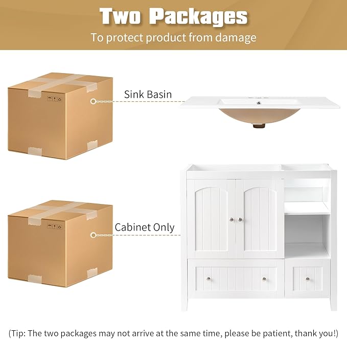 VINGLI 36" Modern Bathroom Vanity with Ceramic Sink, White Bathroom Vanity Cabinet w/2 Stripe Doors & 2 Drawers, Bathroom Sink Cabinet Combo, Floor Storage Cupboard w/Open Shelf for Bathroom