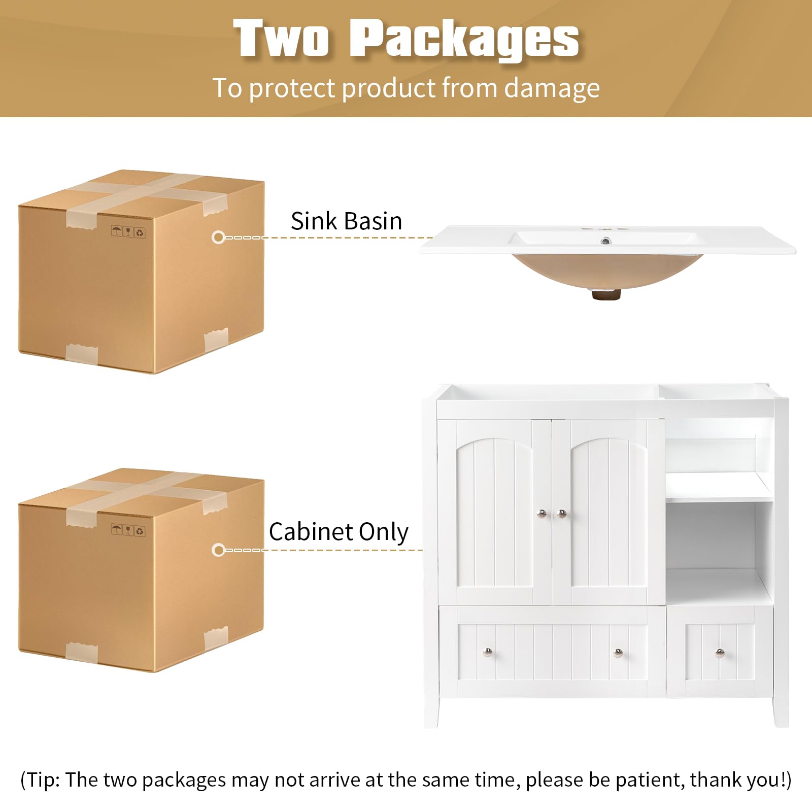 VINGLI 36" Modern Bathroom Vanity with Ceramic Sink, White Bathroom Vanity Cabinet w/2 Stripe Doors & 2 Drawers, Bathroom Sink Cabinet Combo, Floor Storage Cupboard w/Open Shelf for Bathroom