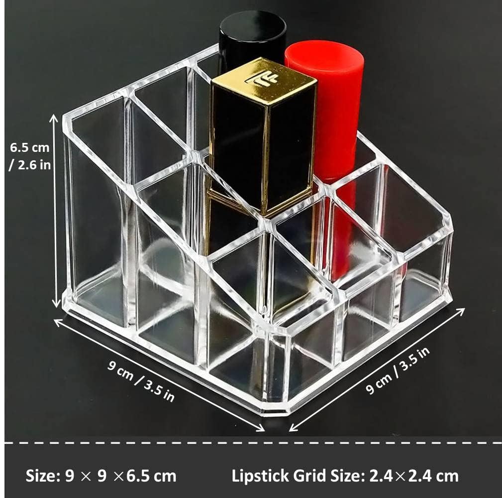 KW Collection Acrylic Makeup Organizer Cosmetic Storage Display Case Makeup Brush Holder Organizer Lipstick Dispenser Canister Bathroom Container (3.5 x 3.5 x 2.6 in, 9 Partitions, Transparent)