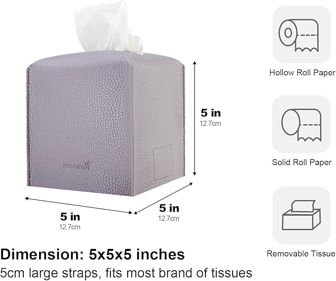 PENGLONG Tissue Box Cover 5X5X5'' PU Leather Tissue Holder Square Tissue Cube Box Organizer for Bathroom Vanity Countertop, Car, Night Stands, Office, Home, Kitchen (2Pack, Light Bray Purple)