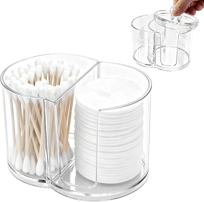 YOSINXU Dual-Compartment Cotton Swab & Pad Organizer with Removable Dustproof Lid, Bathroom Accessories Storage Organizer for Swabs, Cotton-Pads(Transparent)