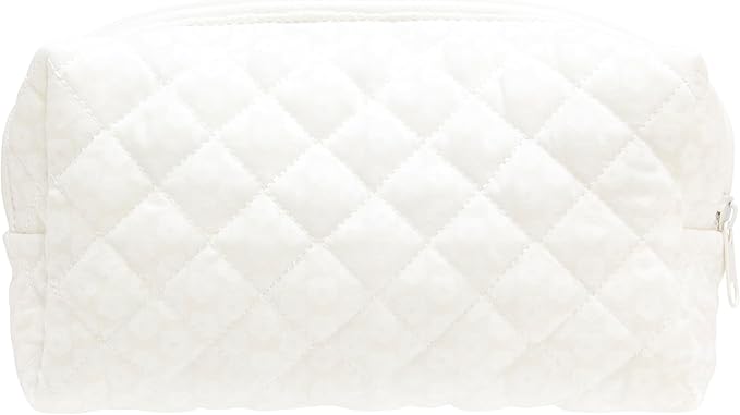 PAZIMIIK Small Quilted Makeup Bag,Zipper Cosmetic Pouch,White Floral