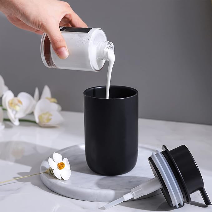 Black Soap Dispenser Set- Modern Ceramic Hand Dish Soap Dispenser for Bathroom Refillable Liquid Lotion Soap for Farmhouse Kitchen Decor Dish 2 Pack