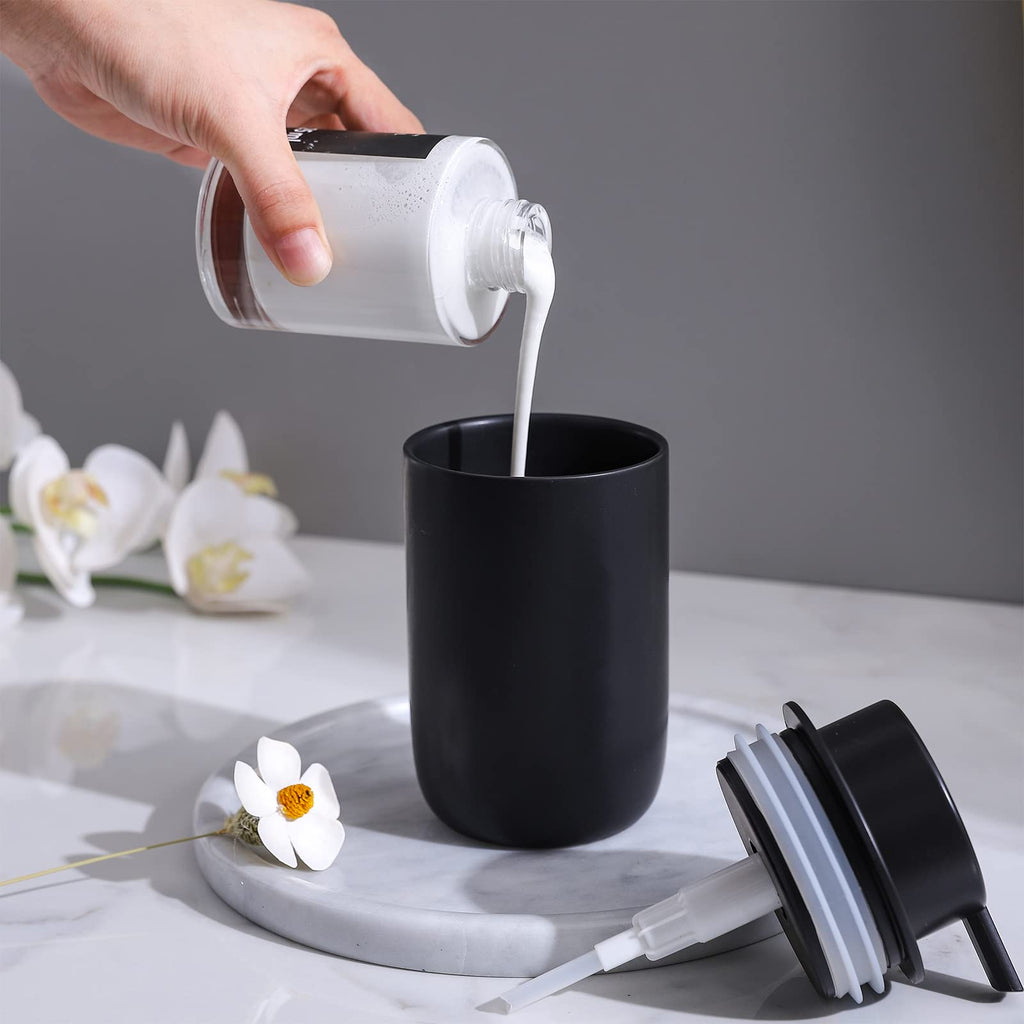 Black Soap Dispenser Set- Modern Ceramic Hand Dish Soap Dispenser for Bathroom Refillable Liquid Lotion Soap for Farmhouse Kitchen Decor Dish 2 Pack