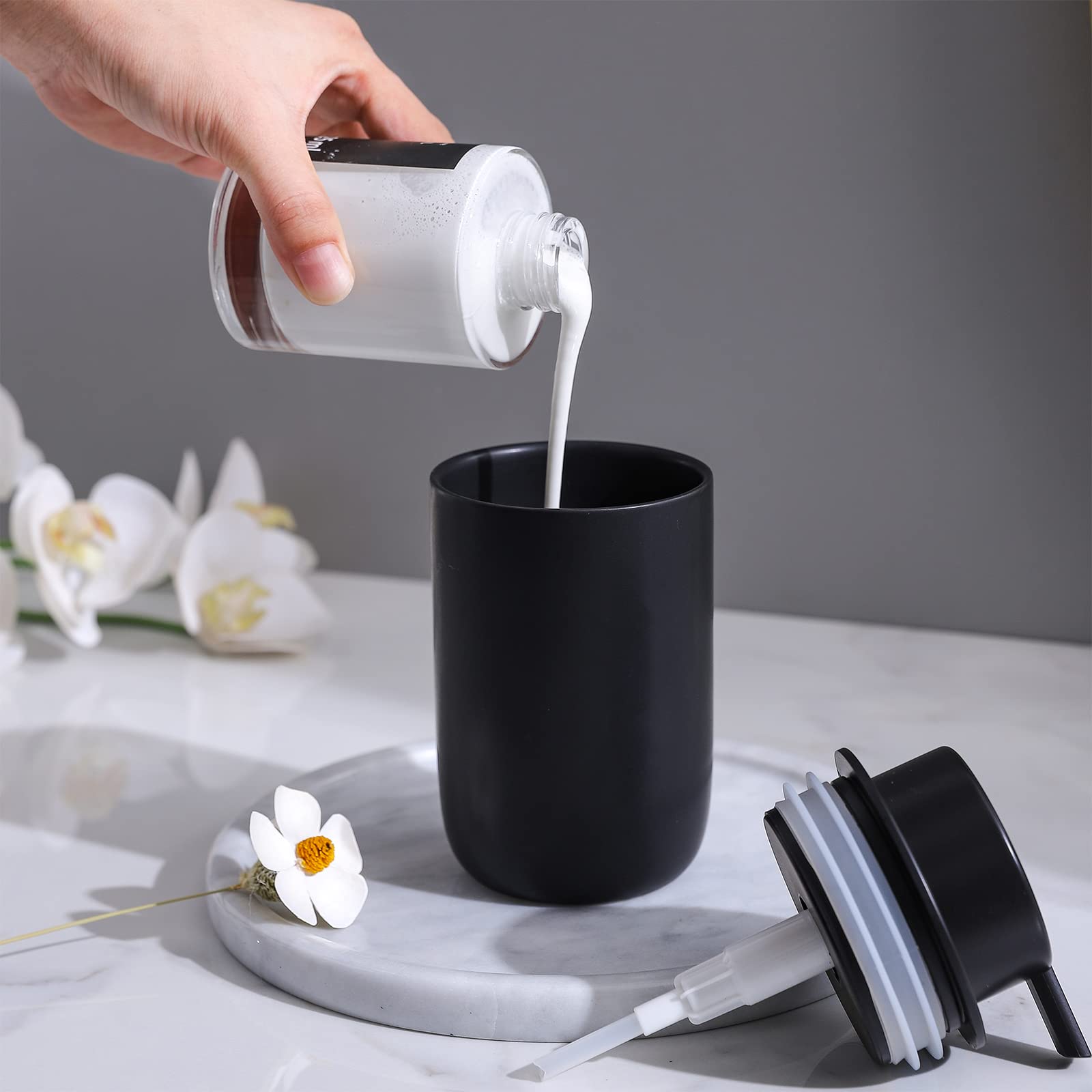 Black Soap Dispenser Set- Modern Ceramic Hand Dish Soap Dispenser for Bathroom Refillable Liquid Lotion Soap for Farmhouse Kitchen Decor Dish 2 Pack
