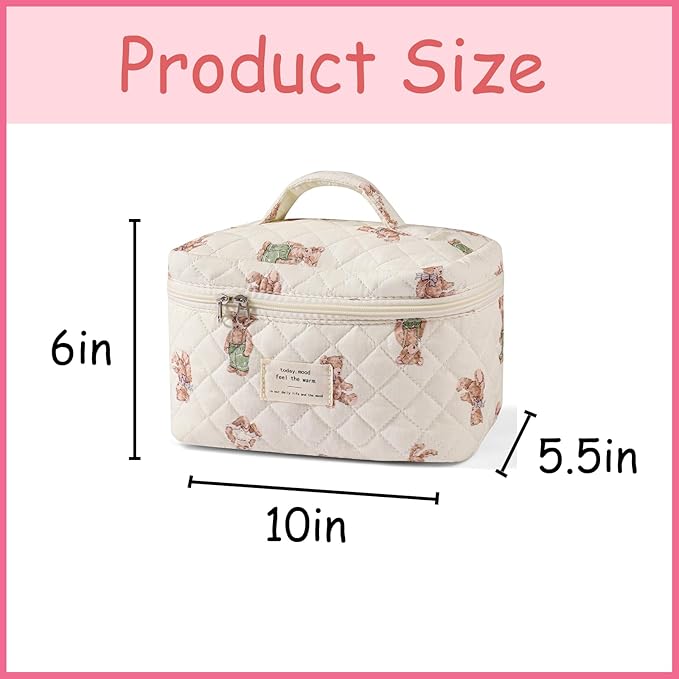 uekeboag Large Travel Quilted Makeup Bag for Women, Floral Cotton Cosmetic Bag, Coquette Aesthetic Floral Toiletry Organizer Bag (03White-Bear)