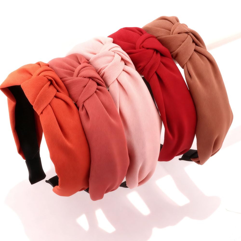 AHONEY 5 Pack Red Knotted Headbands for Women Girls Trendy Fashion Thick Headbands Top Knot Non Slip Cute Hair Accessories Headband Pack Diademas Para Mujer