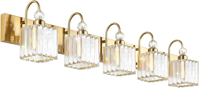 Ralbay Gold Crystal 5-Light Bathroom Vanity Lights Over Mirror Modern Crystal Gold Bathroom Vanity Lighting