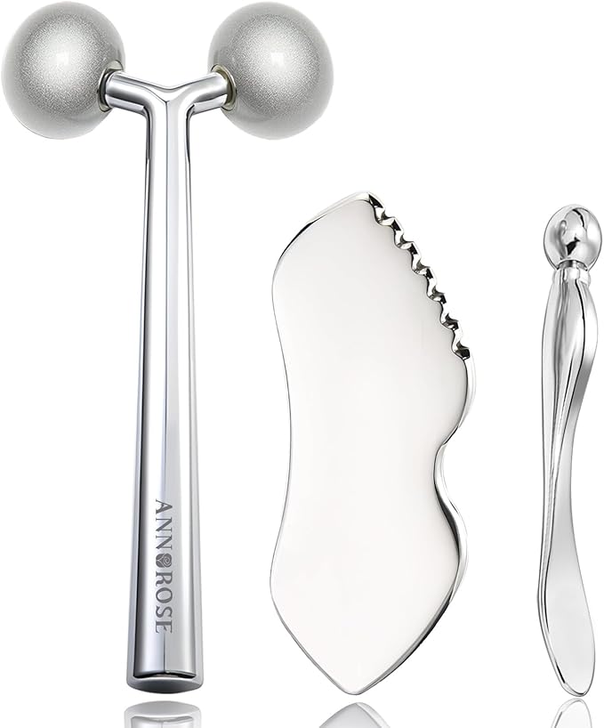 annrose 3-in-1 Stainless Steel Facial Massage Set, Face Roller, Gua Sha Tool, Eye Cream Applicator, Silver,Gifts for Women and Girl