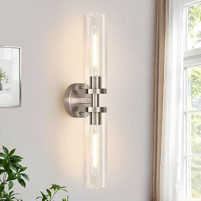 Brushed Nickel Wall Sconces, Hardwired Bathroom Sconces Vanity Light with Clear Glass, Modern Bathroom Vanity Lights fixtures for Mirror Bedroom Living Room Hallway Kitchen