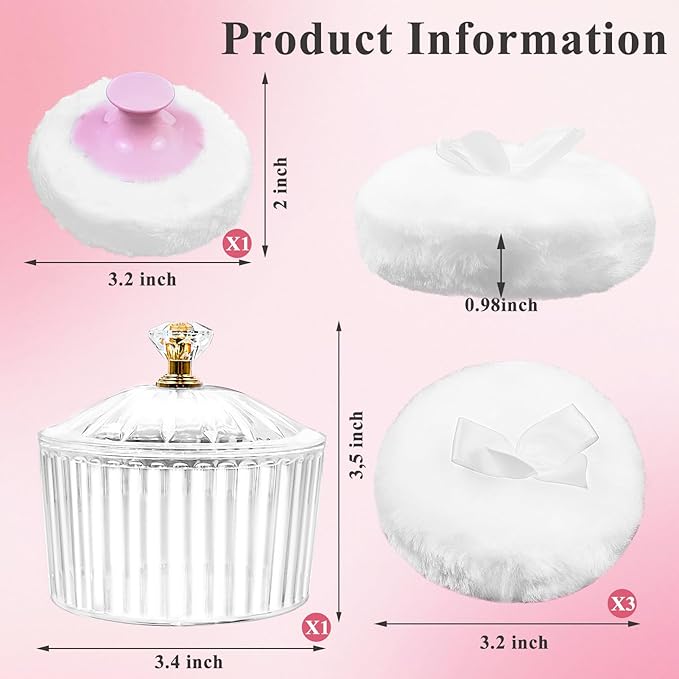 5Pcs Dusting Powder Container with Puff, 3.4 Inch Acrylic Body Powder Containers with Large Soft Puff Loose Dusting Powder Container Reusable Powder Applicator for Women Baby Body Face Makeup
