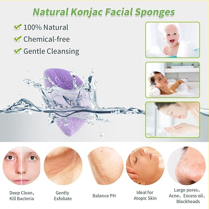 Konjac Face Sponges for Cleansing and Exfoliating, Konjac Facial Sponges for Washing Cleaning Face Body with Activated Charcoal, Natural Konjac Sponge Set for Oily Dry Sensitive Skin Skincare Tool