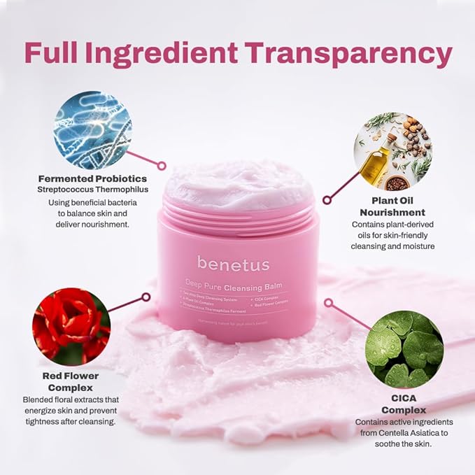 benetus Deep Pure Cleansing Balm, Makeup Remover Balm, Melting Balm for Waterproof Mascara, Sunscreen & Long-Wear Makeup, CICA, Green Tea, Argan Oil & Vitamin E, Non-Stripping, Pore Care, 3.5 fl oz