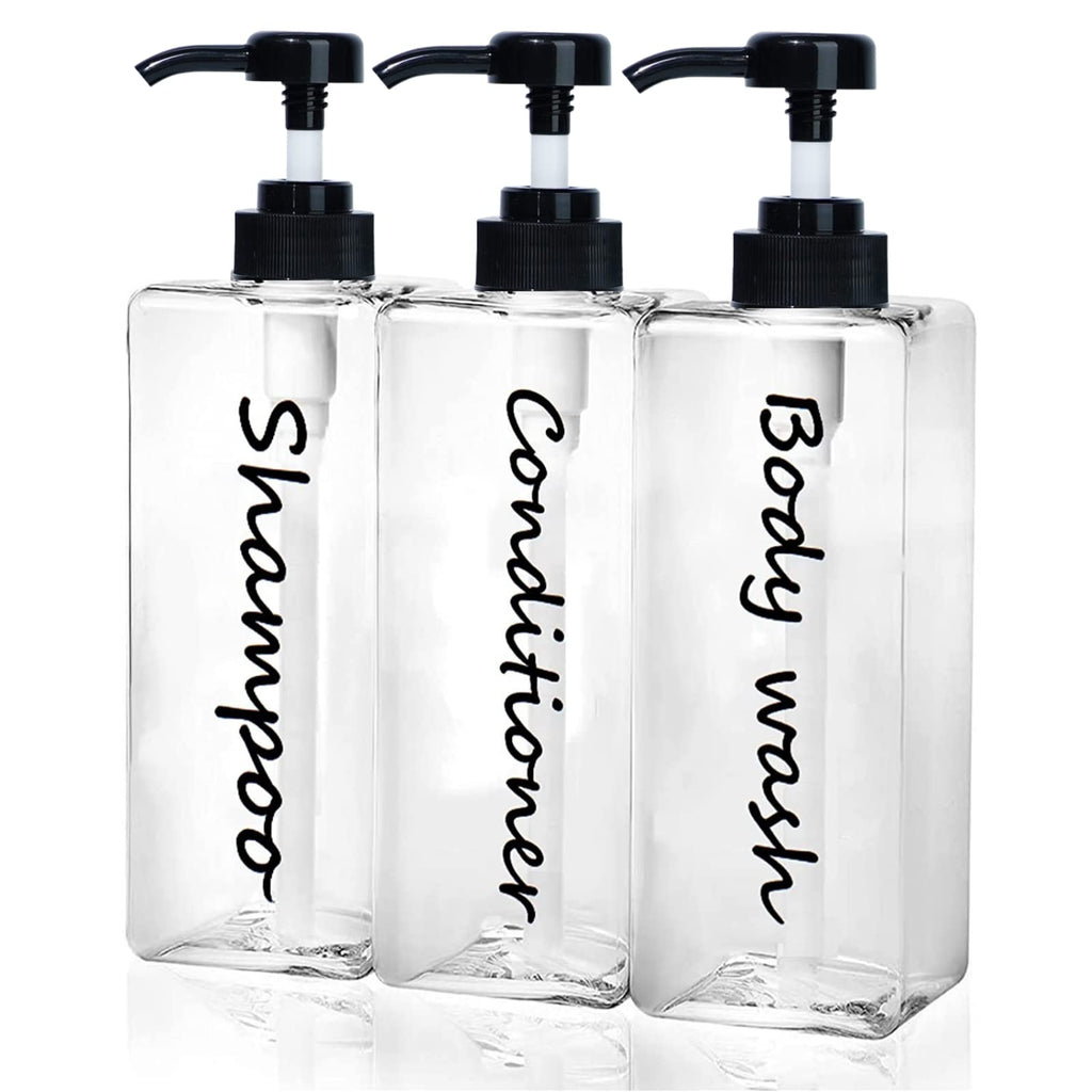 Shampoo Dispenser - Refillable Shampoo and Conditioner Bottles (Clear, Set of 3, 21oz) - Modern Shampoo Bottles for Shower Soap - Empty Shampoo Conditioner Body Wash Dispenser (Black) (Black)