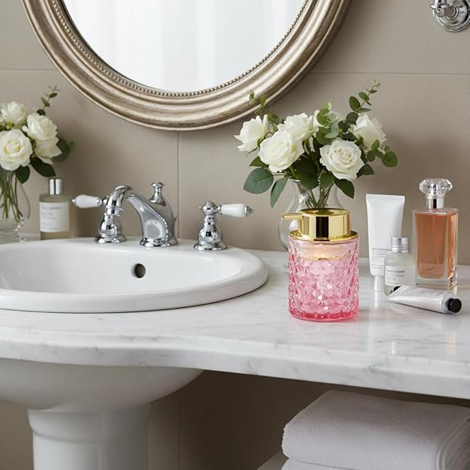Fvstar 10 Oz Glass Hand Soap Dispenser with Pump, Refillable Bathroom Gold Foaming Soap Dispenser, Vintage Glass Diamond Lotion Container Bottle for Bathroom and Kitchen (1, Pink and Gold)