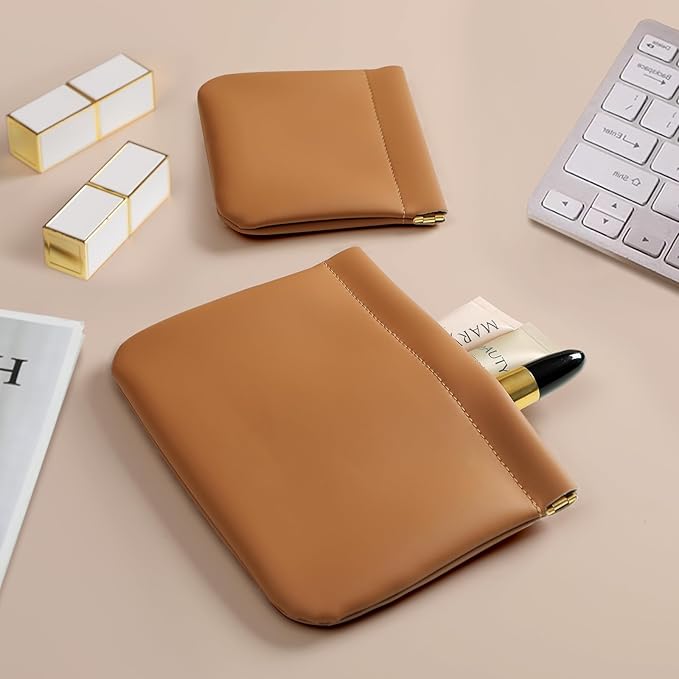 MEIBOOCH 2 Pack Small Makeup Bag for Women, New Organosilicon Super Fiber PU Leather Mini Cosmetic Bag for Travel, Coin Purse Organizer Storage Pouch (Brown)