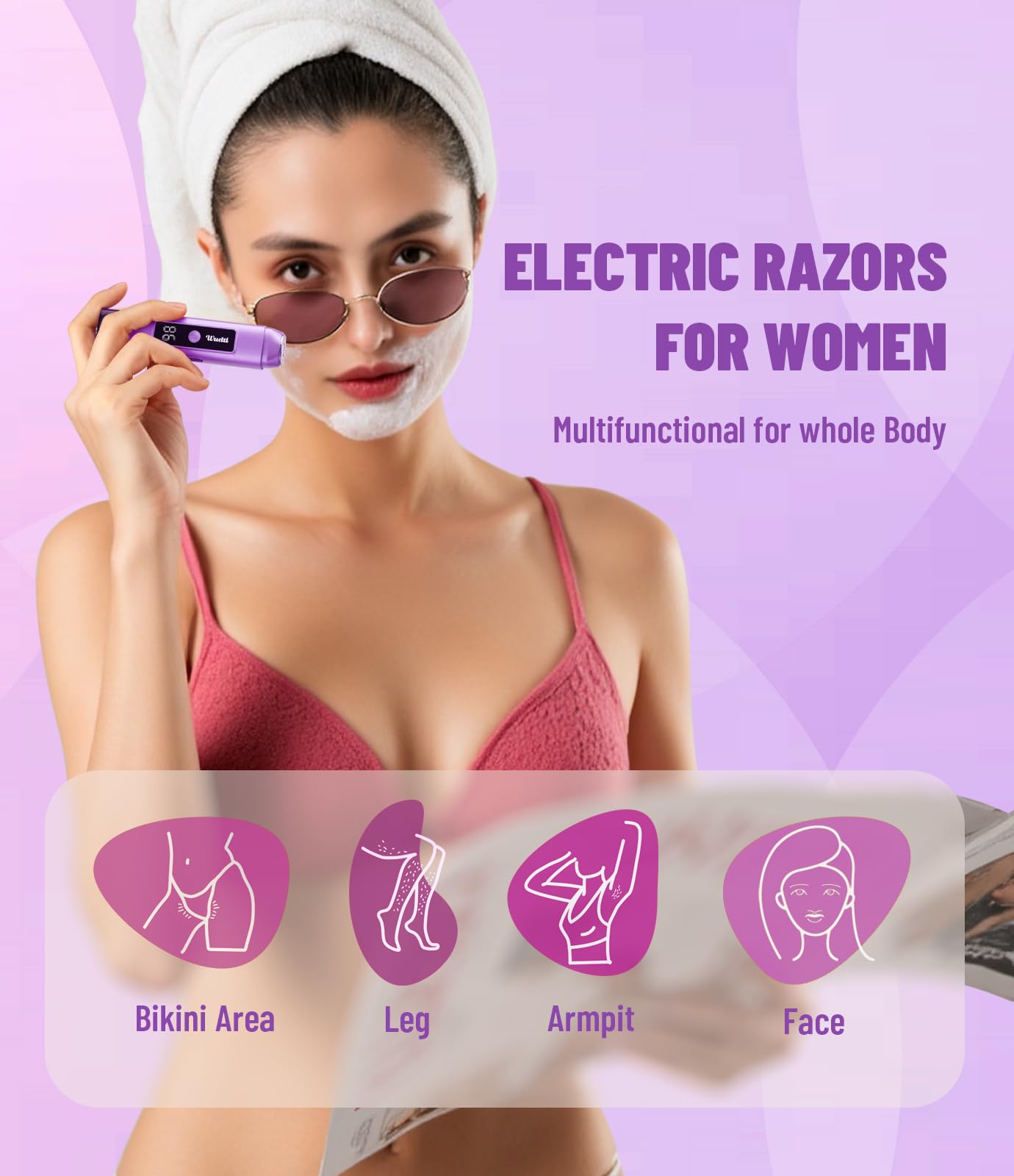 Dynooper Electric Bikini Trimmer for Women: IPX7 Waterproof Dual Head Cordless Electric Shaver for Women with LED Display & 0.5mm Ceramic Blades for Pubic Hair, Face, Legs - Grape Purple
