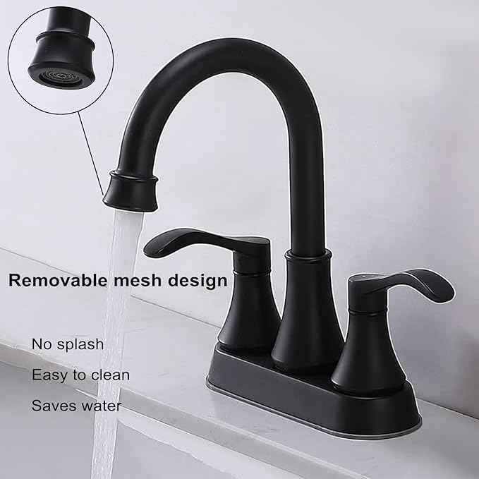 Matte Black Bathroom Sink Faucet, 2-Handle 4 Inch Centerset Lead-Free Modern Commercial, 360° Swivel High-Arc Spout Lavatory Vanity Faucets Set for Sink with Drain & Water Hoses, VALZST050B